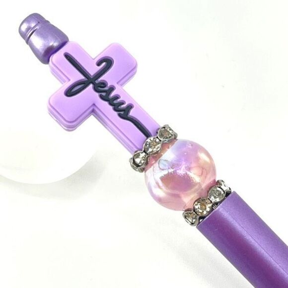 Jesus cross Christ Christian handmade pen NEW beads rhinestone bling lavender pu - Picture 6 of 6
